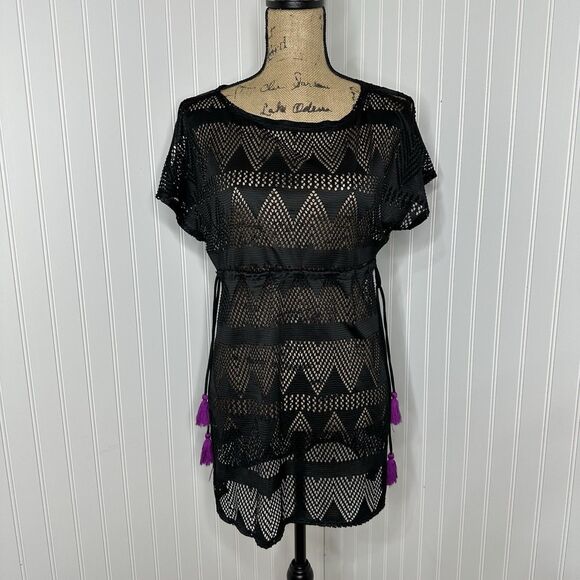 No Boundaries Black Mesh Swim Coverup Sz S Pullover Drawstring Tassel Beach NoBo - Picture 13 of 13